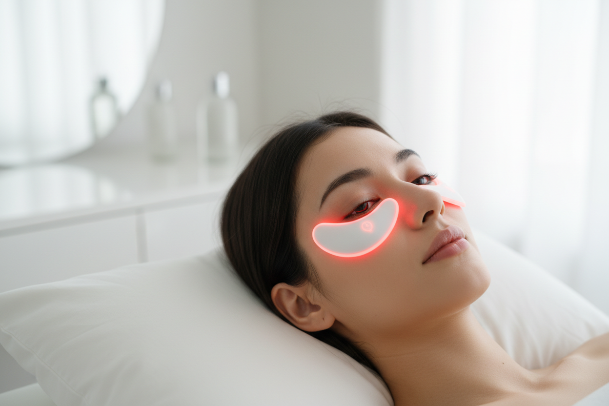 make a girl using these white undereye massagers that use red light to eliminate eyebags