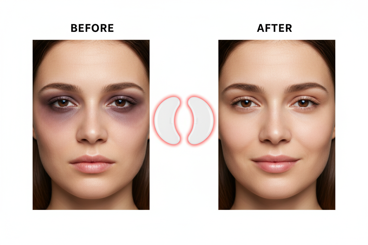 now make the before have a more realistic bad eyebag problem and then the patches on the right to be more white and not transparent